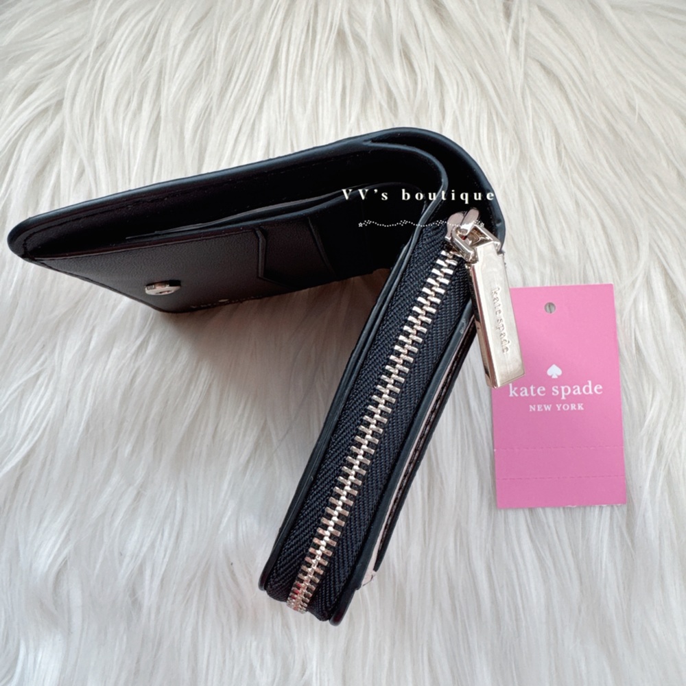 NWT Kate Spade Staci Small Zip Around Leather Wallet Warm Beige Black WLR00636 - Picture 4 of 5